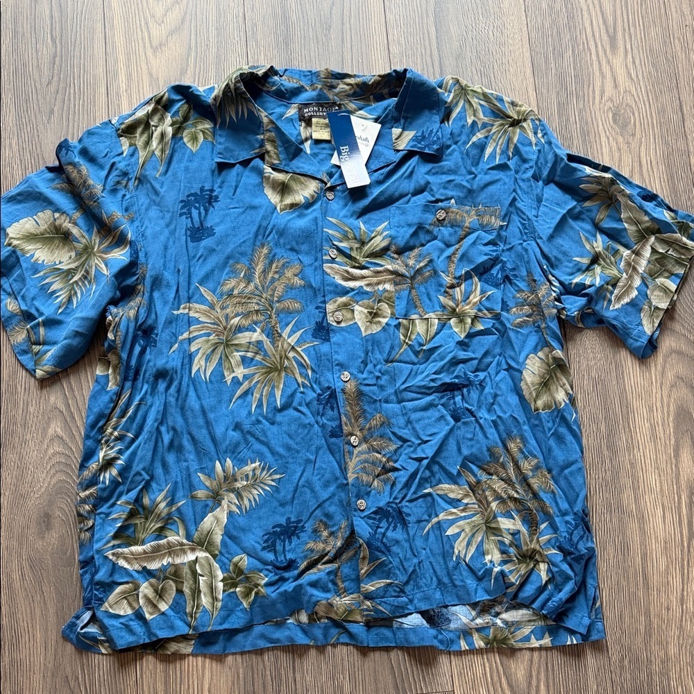 Marshalls Blue Hawaiian Palm-Print Short Sleeve Shirt